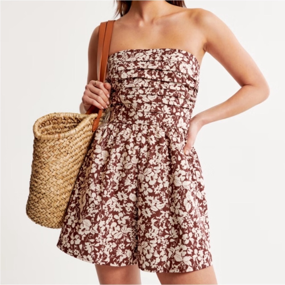 Abercrombie & Fitch Floral Strapless Jumpsuit in Brown and Cream